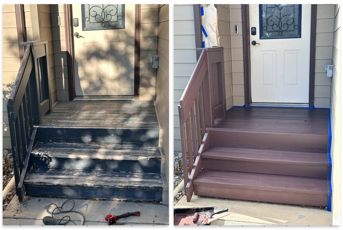 Weathered front steps before and after repainting in warm brown